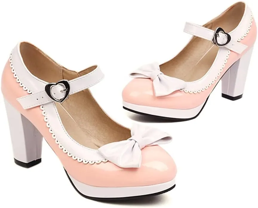 Viuluti Women's Round Toe Platform Pumps High Heels Leather Heart Ankle Strap Dress Shoes Sweet Bowknot Chunky Heel Mary Jane Pumps