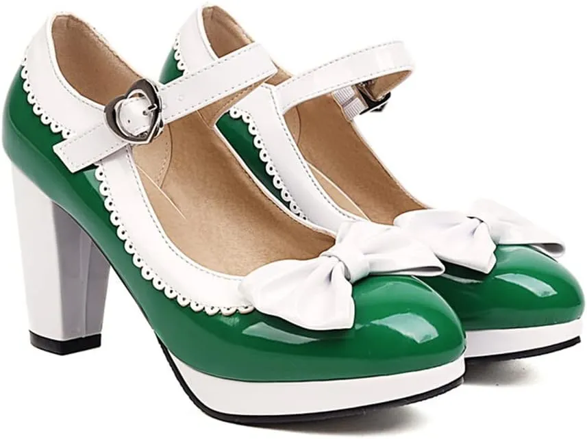 Viuluti Women's Round Toe Platform Pumps High Heels Leather Heart Ankle Strap Dress Shoes Sweet Bowknot Chunky Heel Mary Jane Pumps