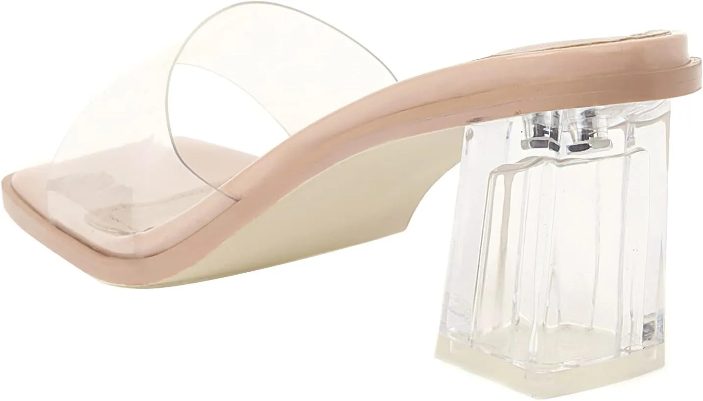 vivianly Womens Clear Heels Sandals Transparent Chunky Heels Backless Open Toe Slip on Mules Heeled Slipper Dress Shoes