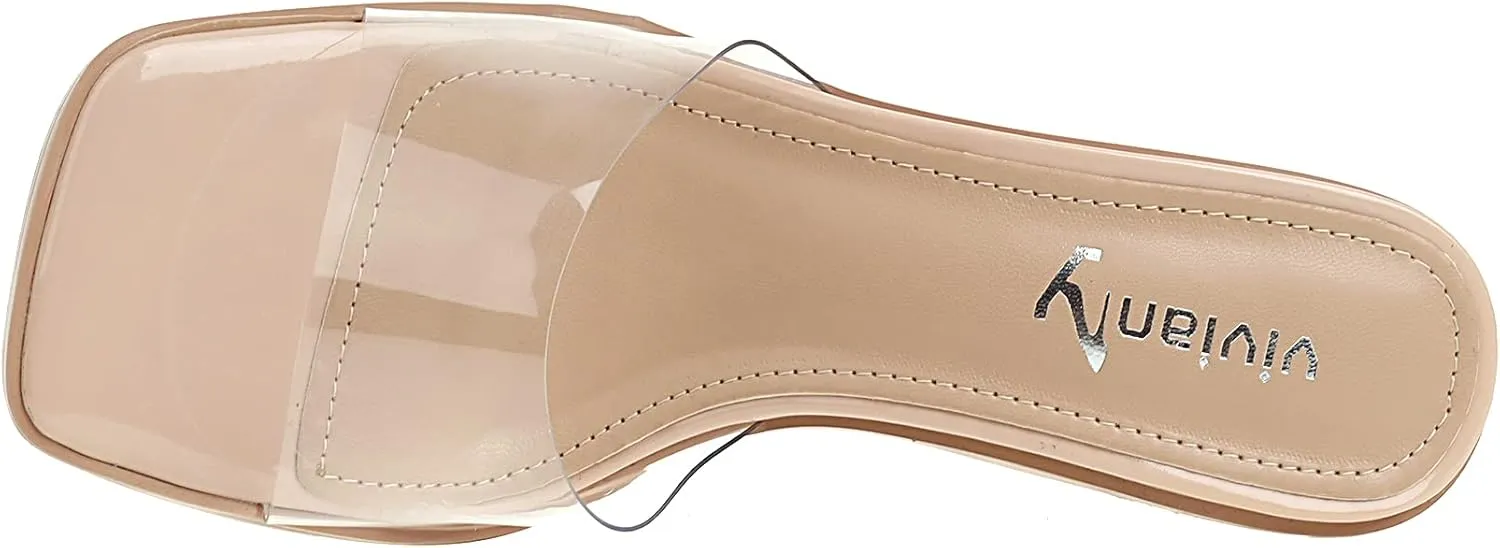 vivianly Womens Clear Heels Sandals Transparent Chunky Heels Backless Open Toe Slip on Mules Heeled Slipper Dress Shoes