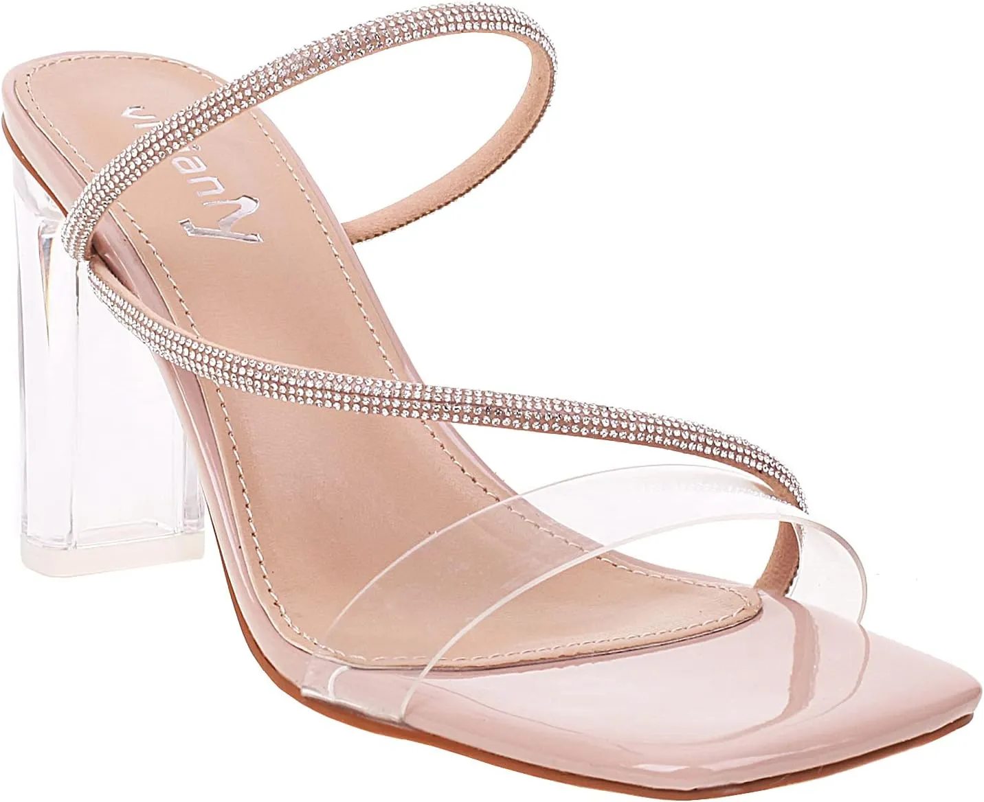 vivianly Womens Square Toe Clear Rhinestone Strappy Heeled Sandals Transparent Block High Heels Slides Slipper Wedding Dress
