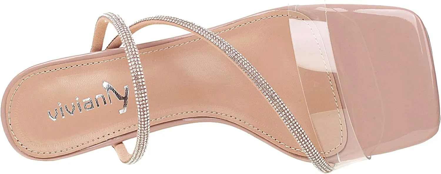 vivianly Womens Square Toe Clear Rhinestone Strappy Heeled Sandals Transparent Block High Heels Slides Slipper Wedding Dress