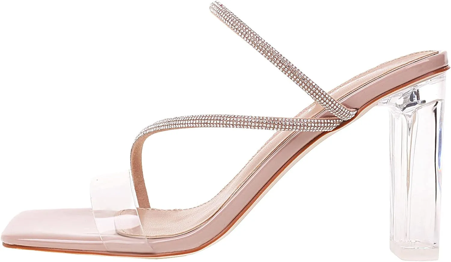 vivianly Womens Square Toe Clear Rhinestone Strappy Heeled Sandals Transparent Block High Heels Slides Slipper Wedding Dress
