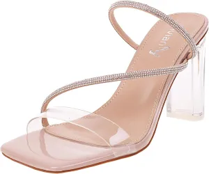 vivianly Womens Square Toe Clear Rhinestone Strappy Heeled Sandals Transparent Block High Heels Slides Slipper Wedding Dress
