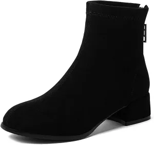 VOKLIN Women's Square Toe Low Heel Dressy Ankle Booties Vegan Suede Back Zipper Elegant Dress Short Boots