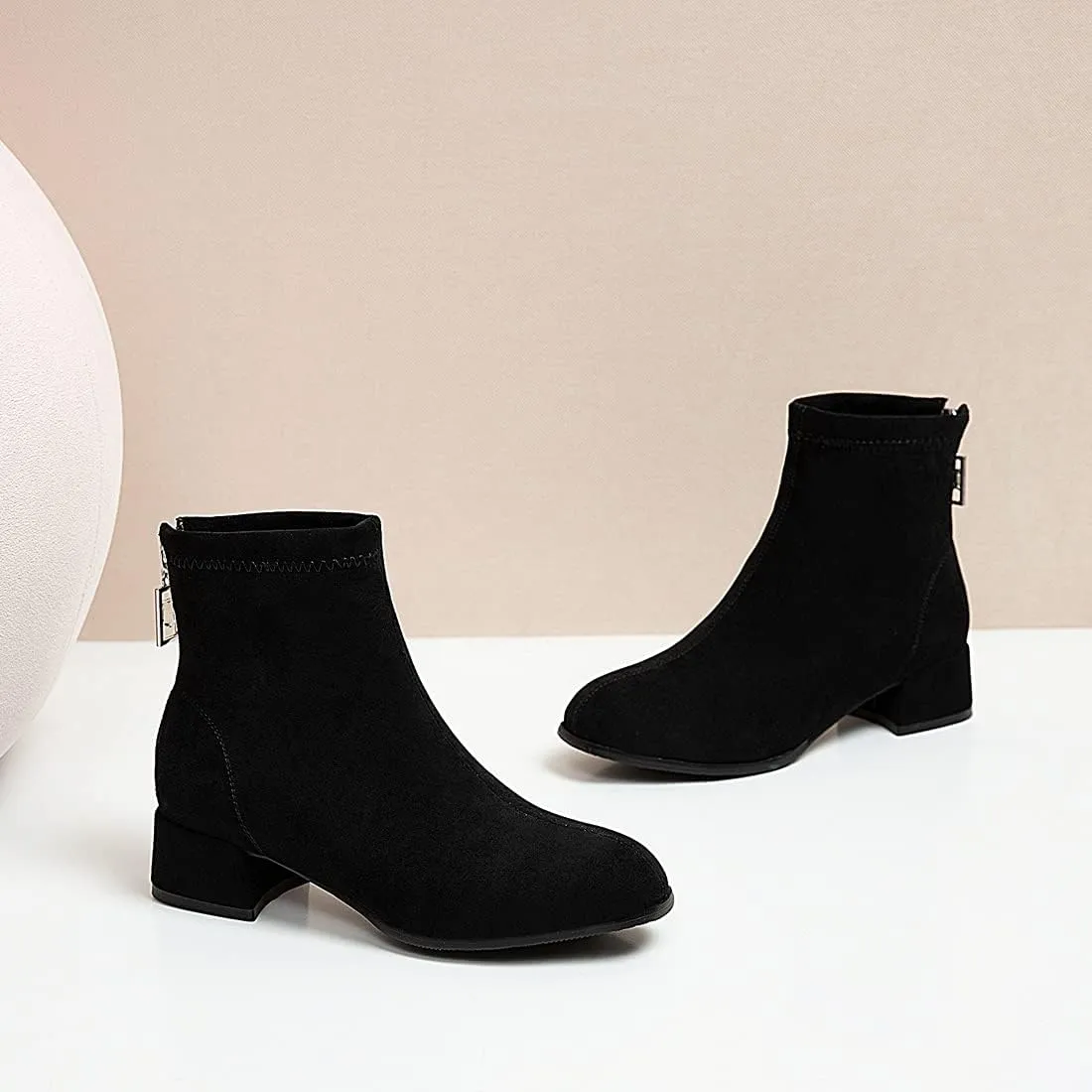 VOKLIN Women's Square Toe Low Heel Dressy Ankle Booties Vegan Suede Back Zipper Elegant Dress Short Boots