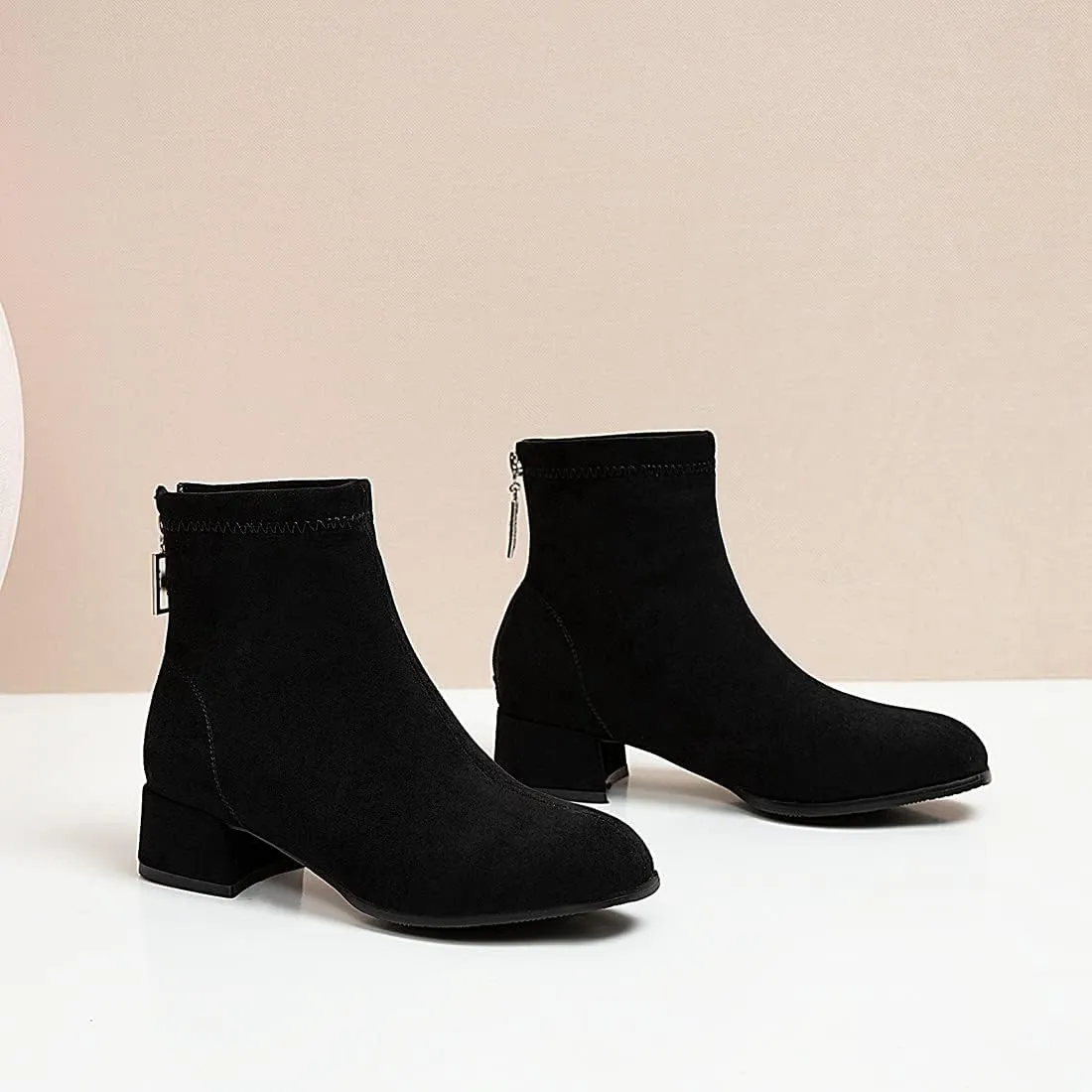 VOKLIN Women's Square Toe Low Heel Dressy Ankle Booties Vegan Suede Back Zipper Elegant Dress Short Boots