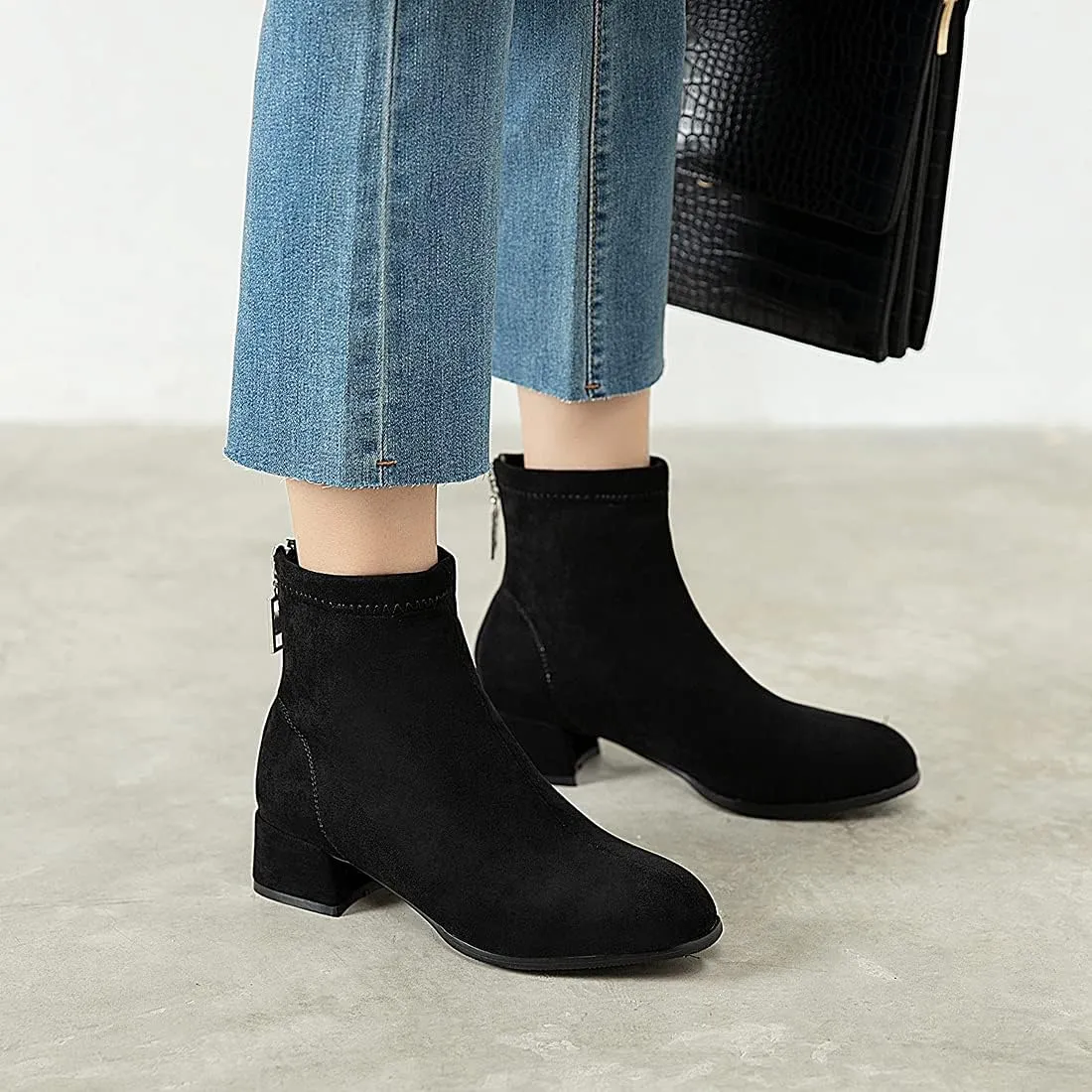 VOKLIN Women's Square Toe Low Heel Dressy Ankle Booties Vegan Suede Back Zipper Elegant Dress Short Boots
