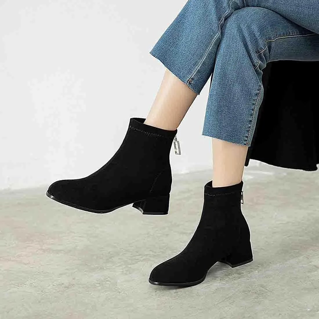 VOKLIN Women's Square Toe Low Heel Dressy Ankle Booties Vegan Suede Back Zipper Elegant Dress Short Boots