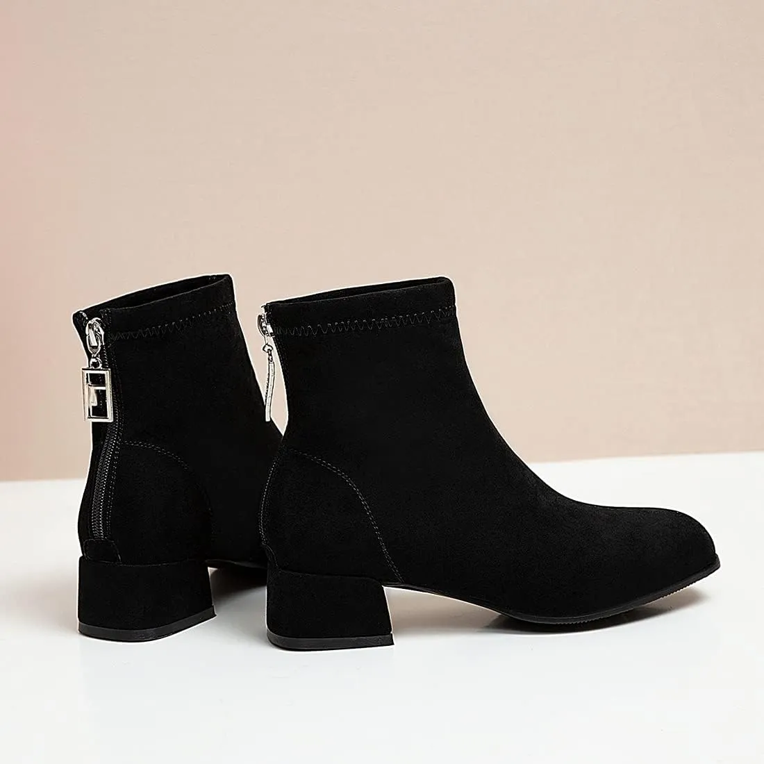 VOKLIN Women's Square Toe Low Heel Dressy Ankle Booties Vegan Suede Back Zipper Elegant Dress Short Boots