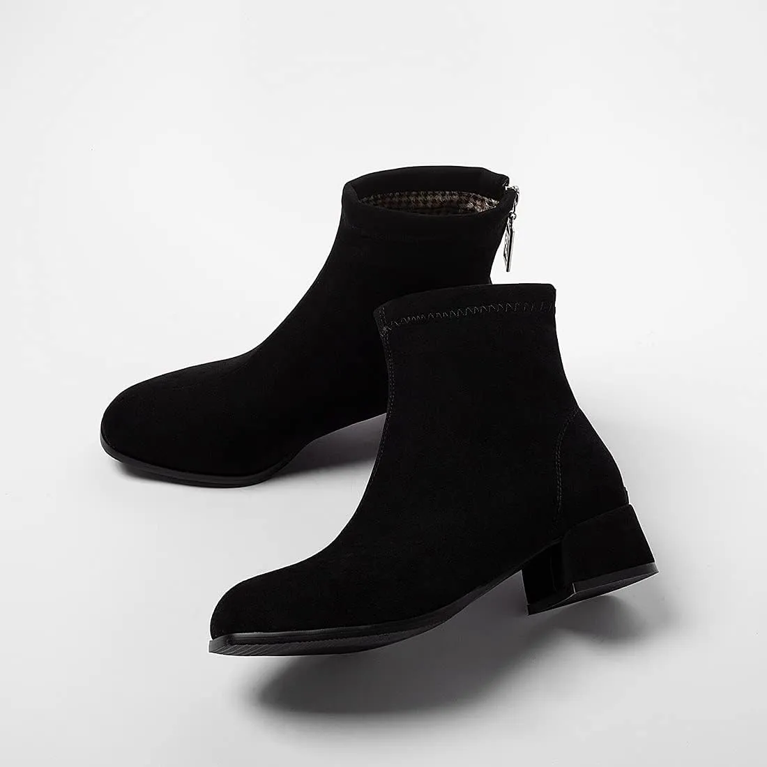 VOKLIN Women's Square Toe Low Heel Dressy Ankle Booties Vegan Suede Back Zipper Elegant Dress Short Boots