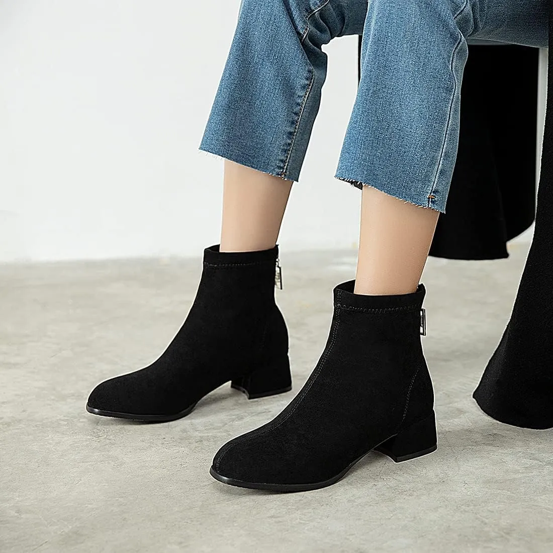 VOKLIN Women's Square Toe Low Heel Dressy Ankle Booties Vegan Suede Back Zipper Elegant Dress Short Boots