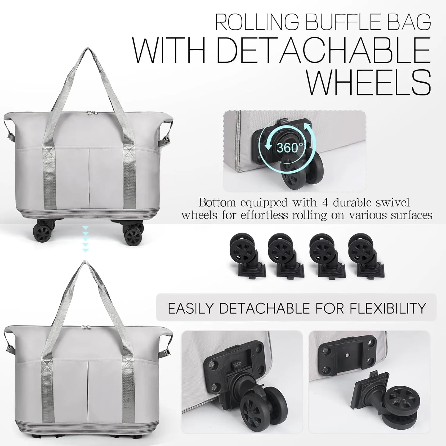 VOOWO Duffel Bag with Wheels - Rolling Foldable Expandable Duffle Bags with Wheel for Travel, Rolling Luggage Carry On Travel Bag, Large Wheeled Overnight Weekender Bag (Gray)