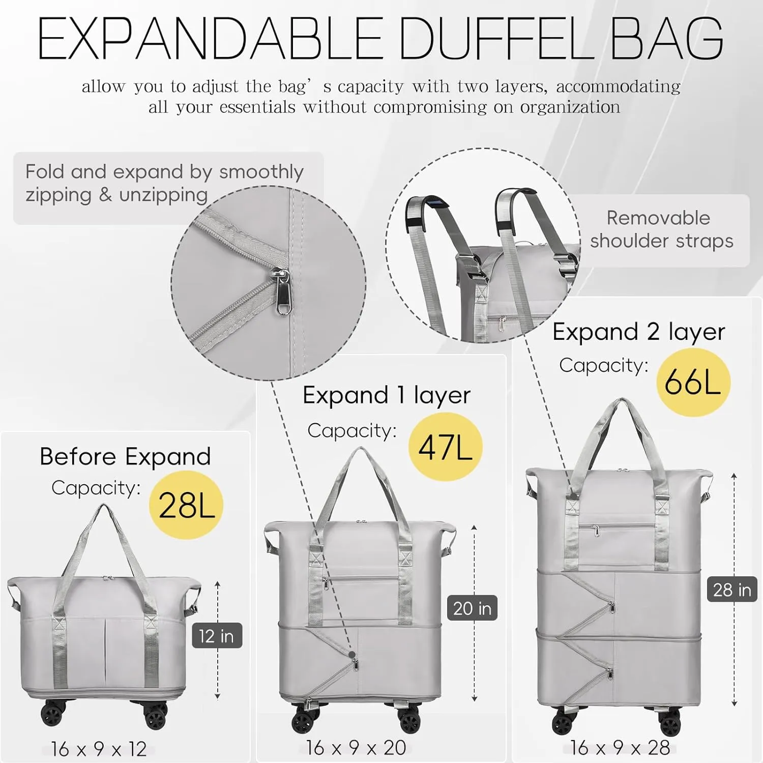 VOOWO Duffel Bag with Wheels - Rolling Foldable Expandable Duffle Bags with Wheel for Travel, Rolling Luggage Carry On Travel Bag, Large Wheeled Overnight Weekender Bag (Gray)