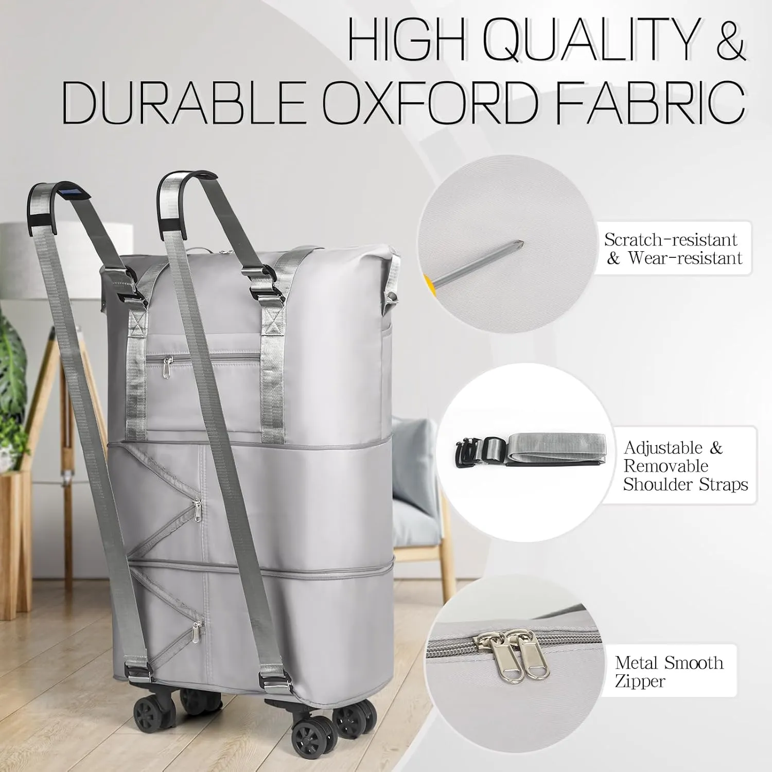 VOOWO Duffel Bag with Wheels - Rolling Foldable Expandable Duffle Bags with Wheel for Travel, Rolling Luggage Carry On Travel Bag, Large Wheeled Overnight Weekender Bag (Gray)