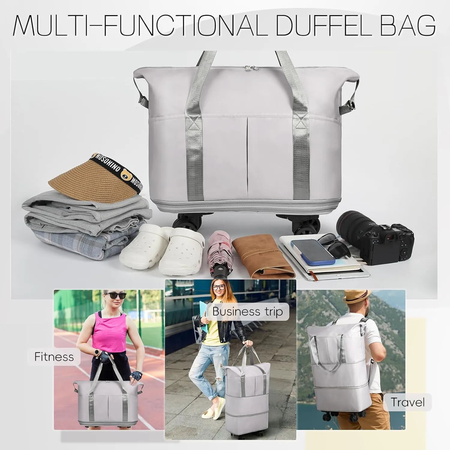 VOOWO Duffel Bag with Wheels - Rolling Foldable Expandable Duffle Bags with Wheel for Travel, Rolling Luggage Carry On Travel Bag, Large Wheeled Overnight Weekender Bag (Gray)