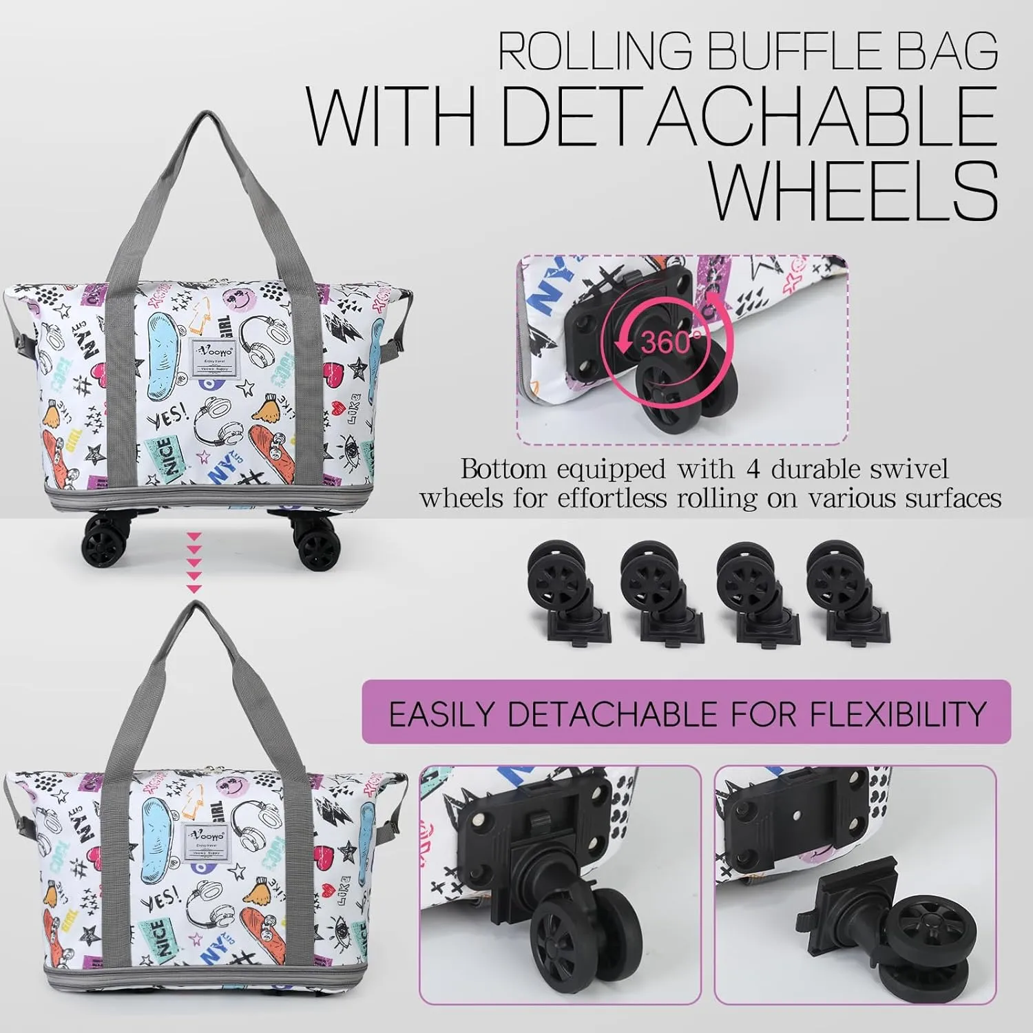 VOOWO Rolling Duffel Bag with Wheels - Foldable Expandable Duffle Bag with Wheels for Travel, Rolling Luggage Bag Carry On Bag with Wheel, Large Rolling Backpack Weekend Bag for Men Women (White)