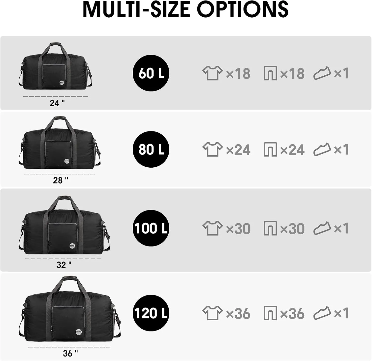 WANDF Foldable Travel Duffel Bag 60-120L Duffle Carry on for Women and Men