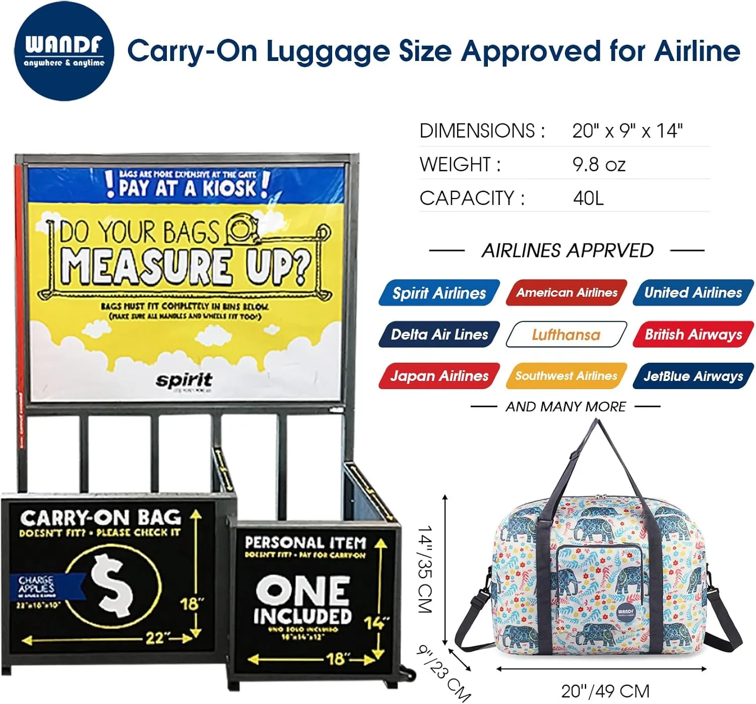 WANDF For Spirit Airlines Personal Item Bag 18x14x8 Foldable Travel Duffel Carry on Weekender Overnight for Women Men
