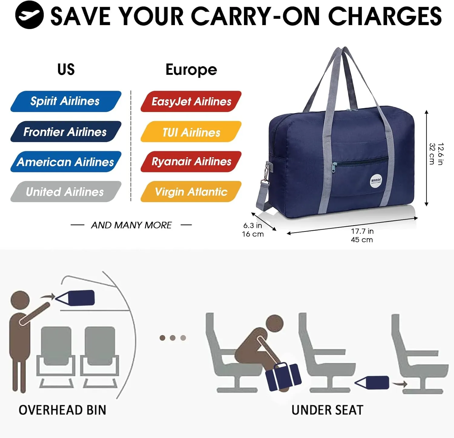 WANDF For Spirit Airlines Personal Item Bag 18x14x8 Travel Duffel Bag Underseat Foldable Carry-on Luggage for Women