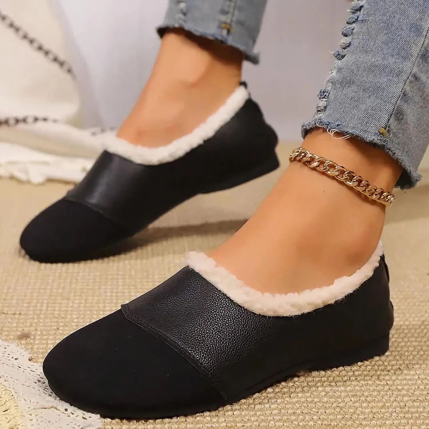 Warm Winter Leather Shoes for Women Shoes with Fuzzy Inside Women Suede Comfortable Slip On Shoes Winter Shoes Women