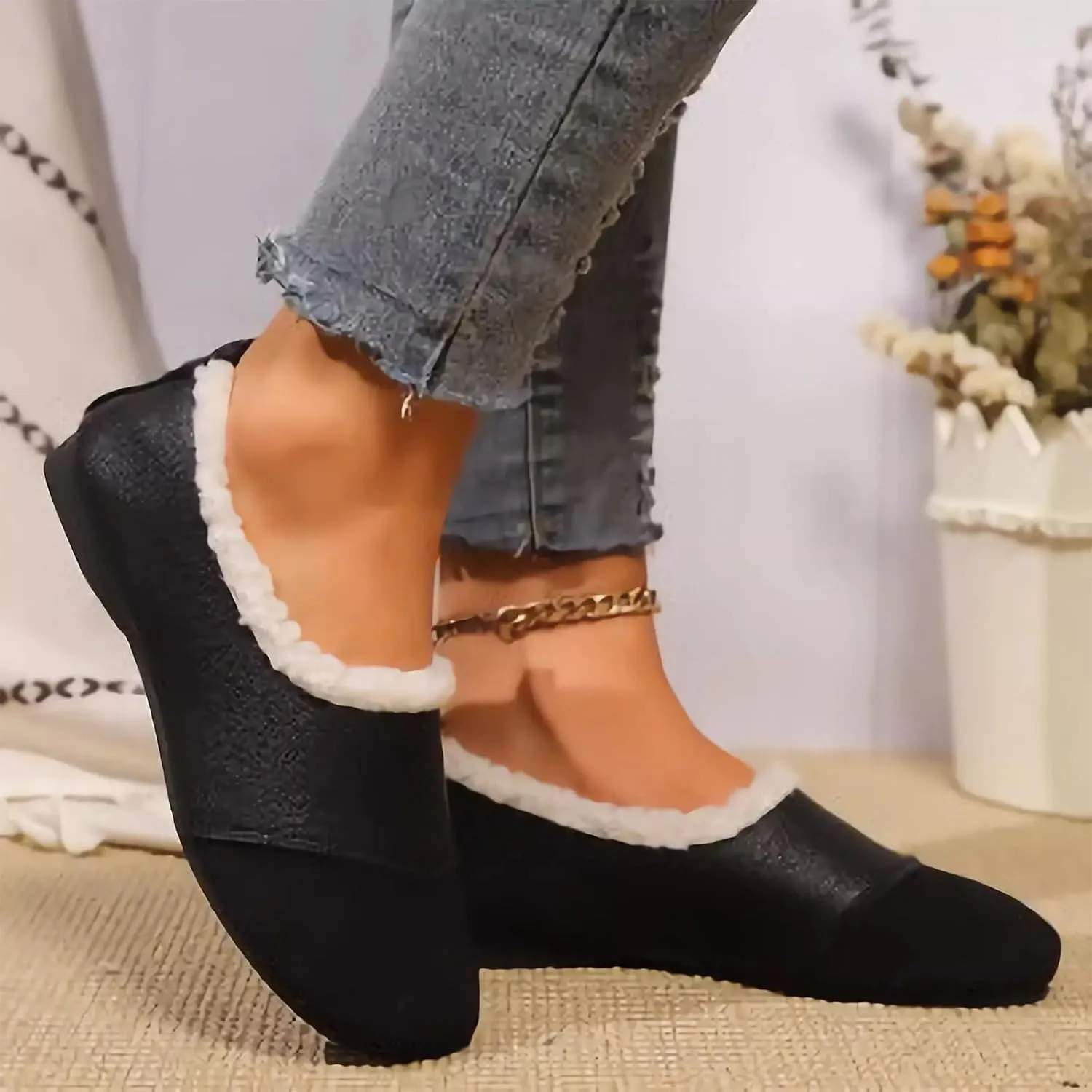 Warm Winter Leather Shoes for Women Shoes with Fuzzy Inside Women Suede Comfortable Slip On Shoes Winter Shoes Women