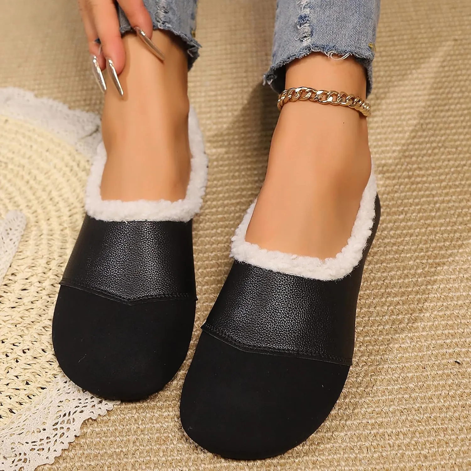 Warm Winter Leather Shoes for Women Shoes with Fuzzy Inside Women Suede Comfortable Slip On Shoes Winter Shoes Women