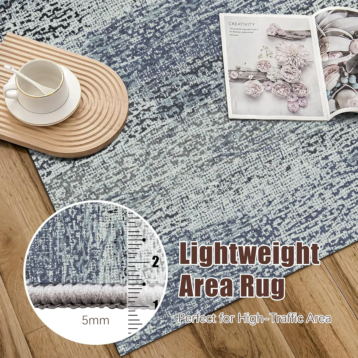 Washable Area Rug - 1/6 Thick - Stain & Water Resistant Non-Slip - Resistant Rug for Living Room, Bedroom, Nursery, Pet & Child Friendly, Vintage Charm Area Rugs (Grey LightTeal, 9' x 12')