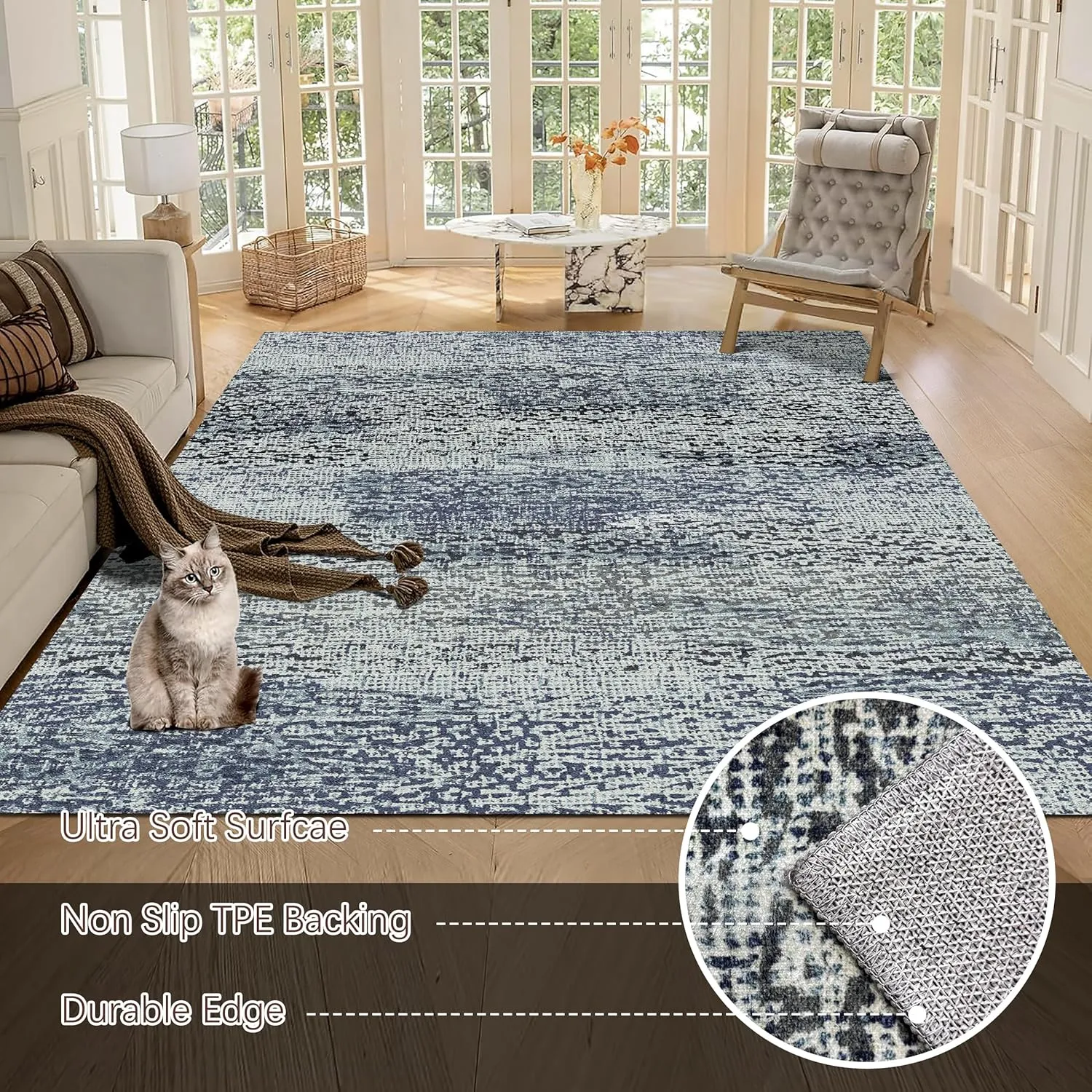Washable Area Rug - 1/6 Thick - Stain & Water Resistant Non-Slip - Resistant Rug for Living Room, Bedroom, Nursery, Pet & Child Friendly, Vintage Charm Area Rugs (Grey LightTeal, 9' x 12')