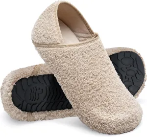 WateLves Womens & Mens Lightweight Cozy Faux Furry House Slippers - Rubber Sole Slip On Sock Shoes - Foldable Travel Slippers - Indoor & Outdoor