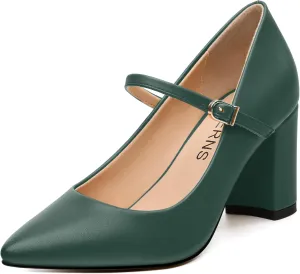 WAYDERNS Closed Pointed Toe Heels for Women Chunky Block High Heel Pumps Fashion Elegant Trendy Prom Party Wedding Dress Shoes with Strap 3 Inch