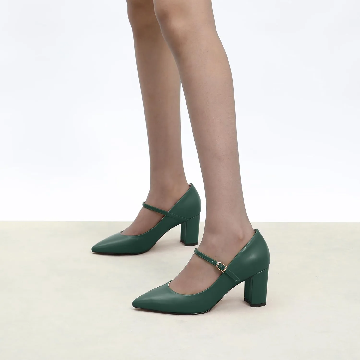 WAYDERNS Closed Pointed Toe Heels for Women Chunky Block High Heel Pumps Fashion Elegant Trendy Prom Party Wedding Dress Shoes with Strap 3 Inch