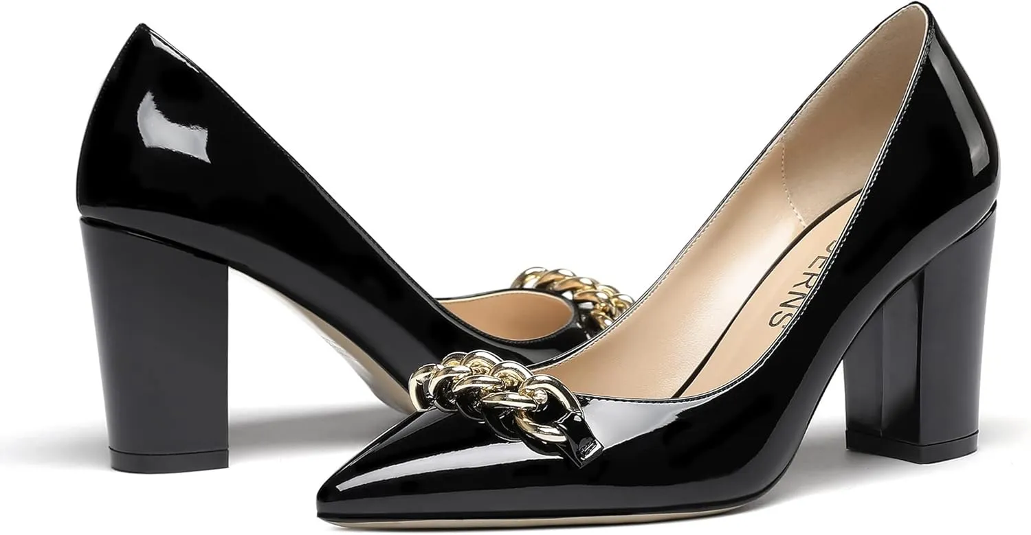 WAYDERNS Women's Gold Metal Chain Decoration Patent Pointed Toe Slip On Block High Heel Pumps Shoes 3.5 Inch