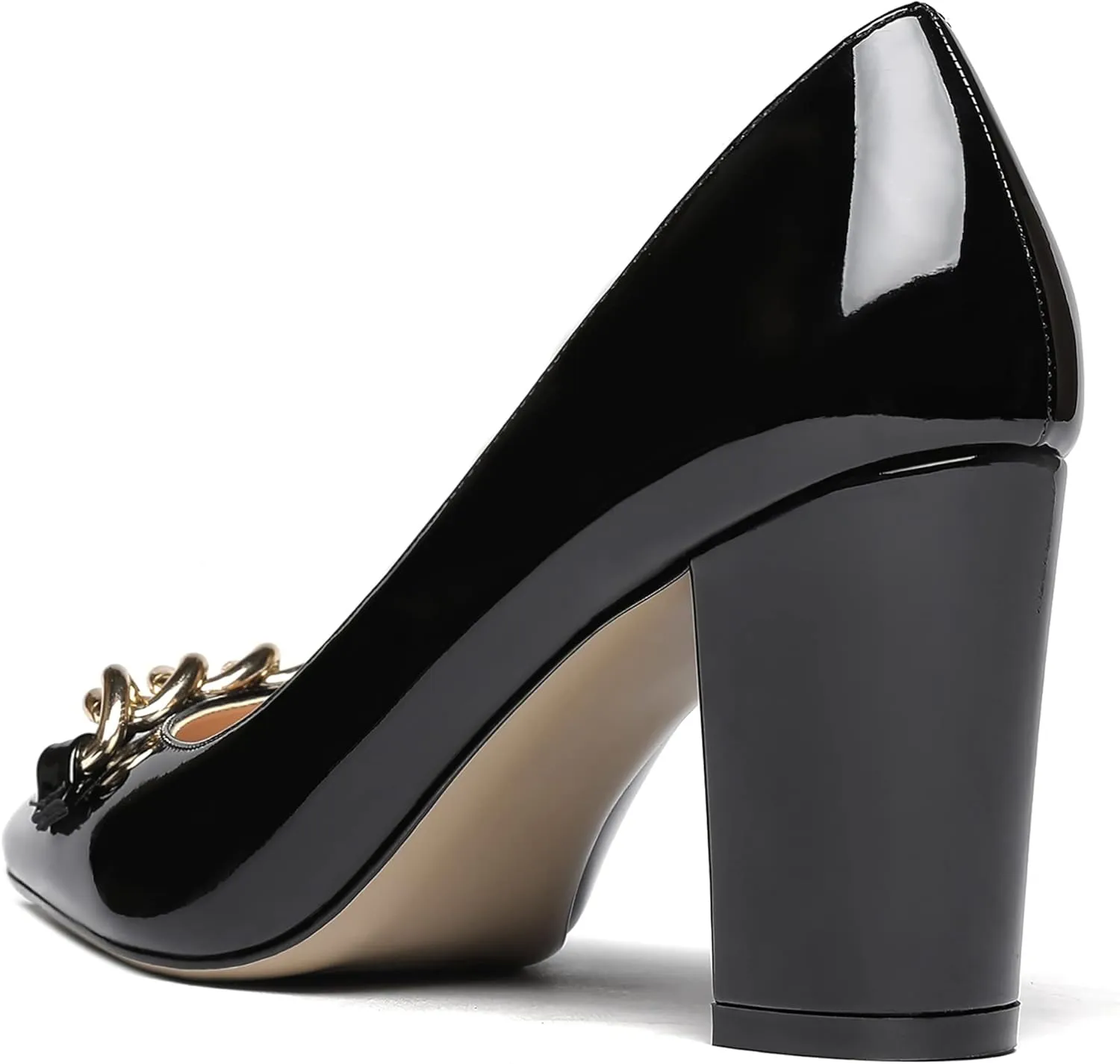 WAYDERNS Women's Gold Metal Chain Decoration Patent Pointed Toe Slip On Block High Heel Pumps Shoes 3.5 Inch