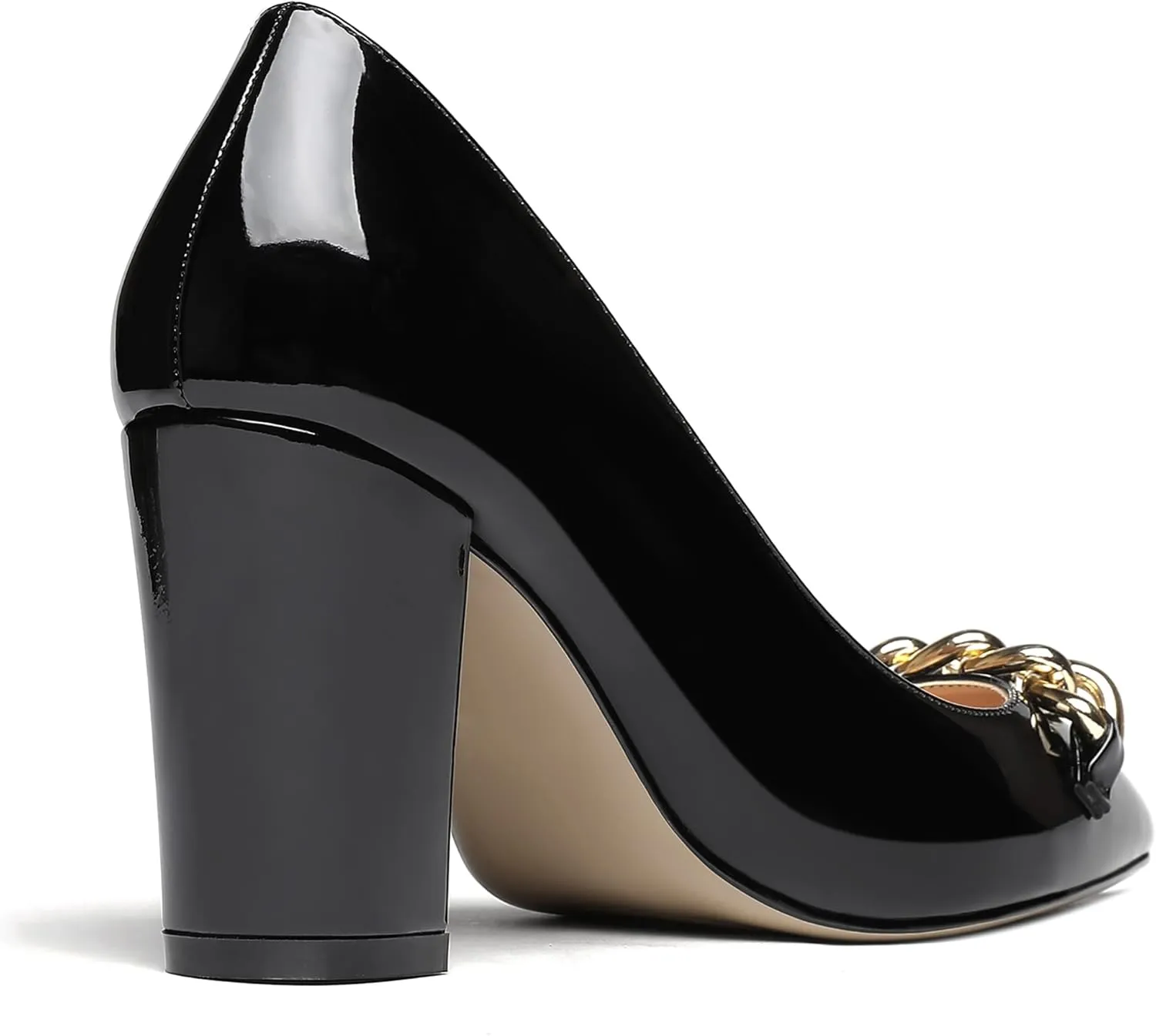 WAYDERNS Women's Gold Metal Chain Decoration Patent Pointed Toe Slip On Block High Heel Pumps Shoes 3.5 Inch