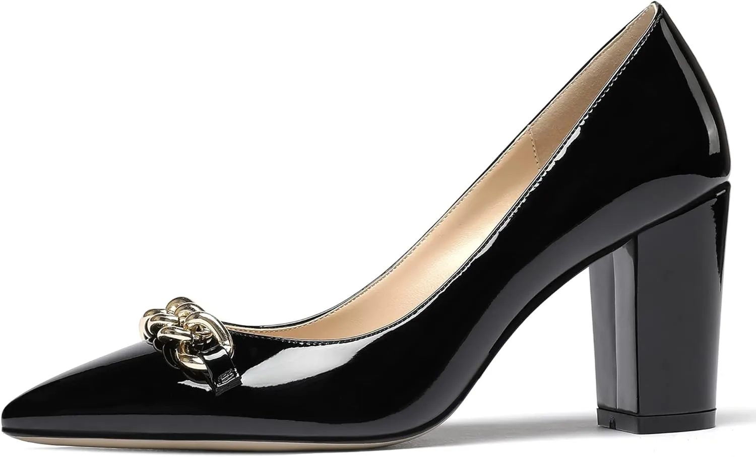 WAYDERNS Women's Gold Metal Chain Decoration Patent Pointed Toe Slip On Block High Heel Pumps Shoes 3.5 Inch