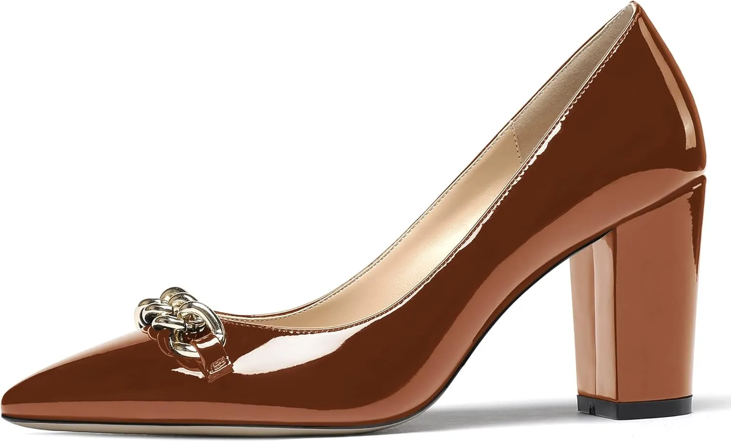 WAYDERNS Women's Gold Metal Chain Decoration Patent Pointed Toe Slip On Block High Heel Pumps Shoes 3.5 Inch