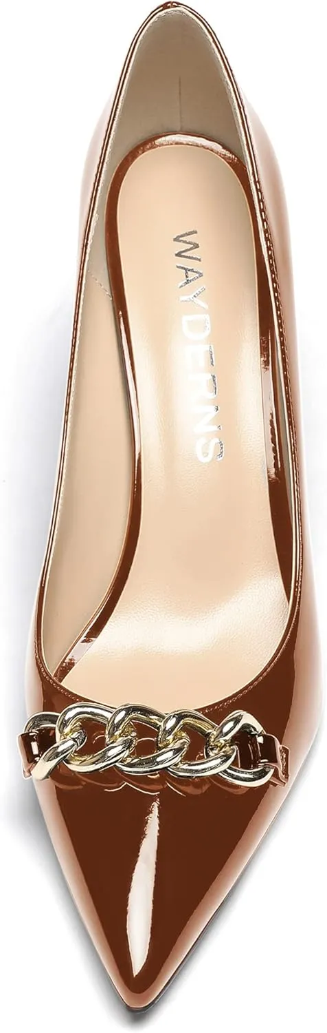 WAYDERNS Women's Gold Metal Chain Decoration Patent Pointed Toe Slip On Block High Heel Pumps Shoes 3.5 Inch