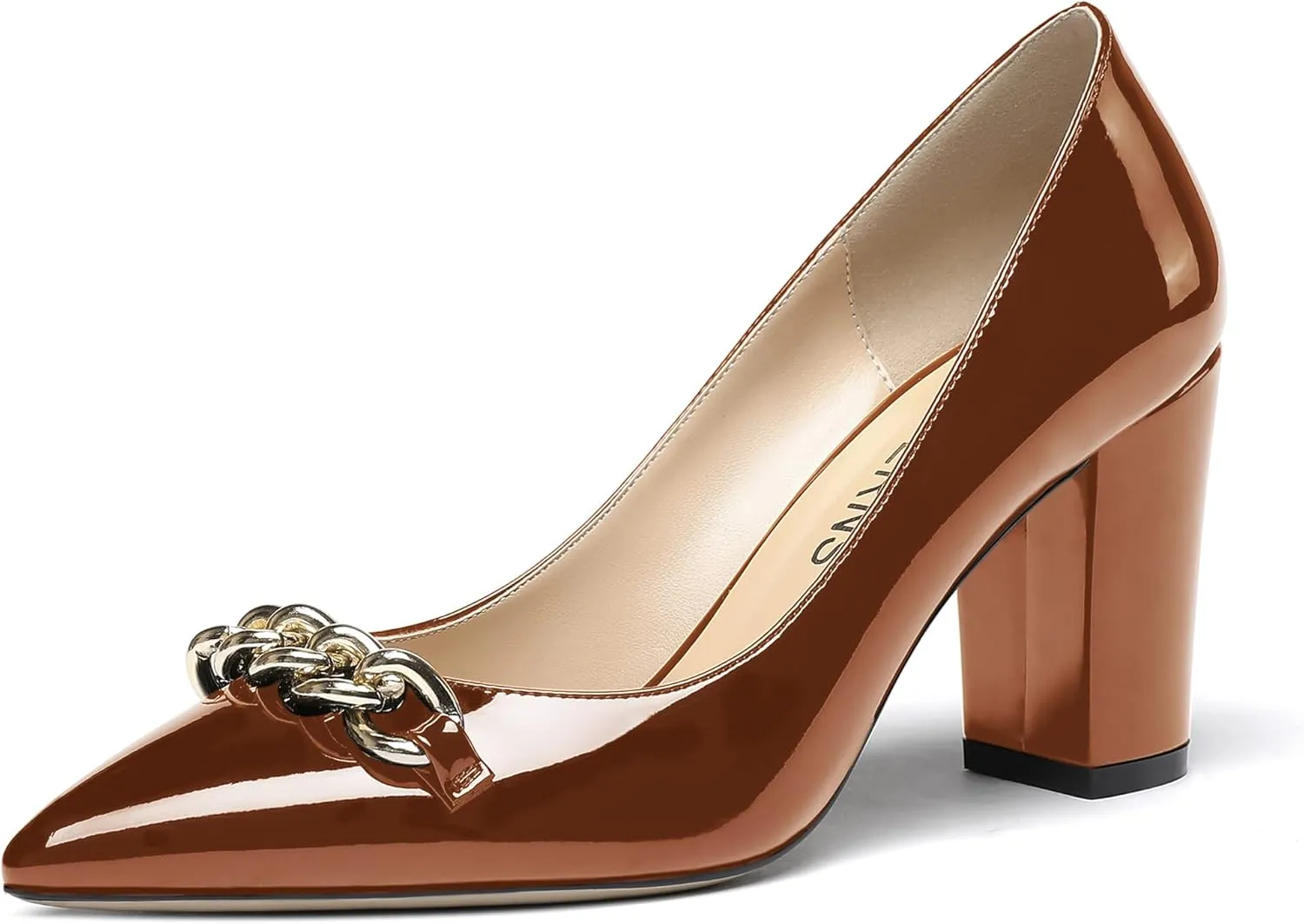WAYDERNS Women's Gold Metal Chain Decoration Patent Pointed Toe Slip On Block High Heel Pumps Shoes 3.5 Inch