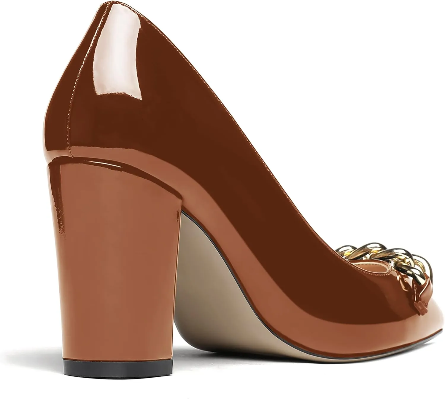 WAYDERNS Women's Gold Metal Chain Decoration Patent Pointed Toe Slip On Block High Heel Pumps Shoes 3.5 Inch