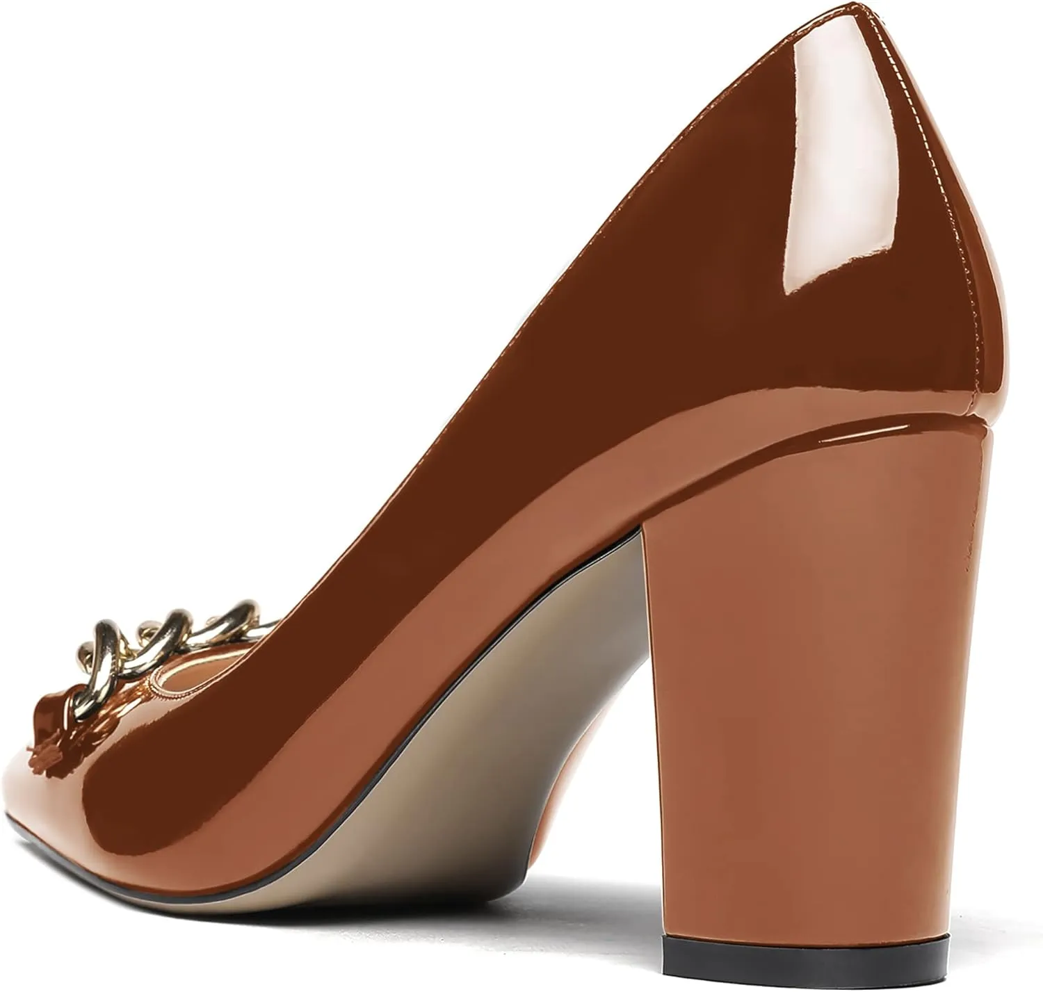 WAYDERNS Women's Gold Metal Chain Decoration Patent Pointed Toe Slip On Block High Heel Pumps Shoes 3.5 Inch