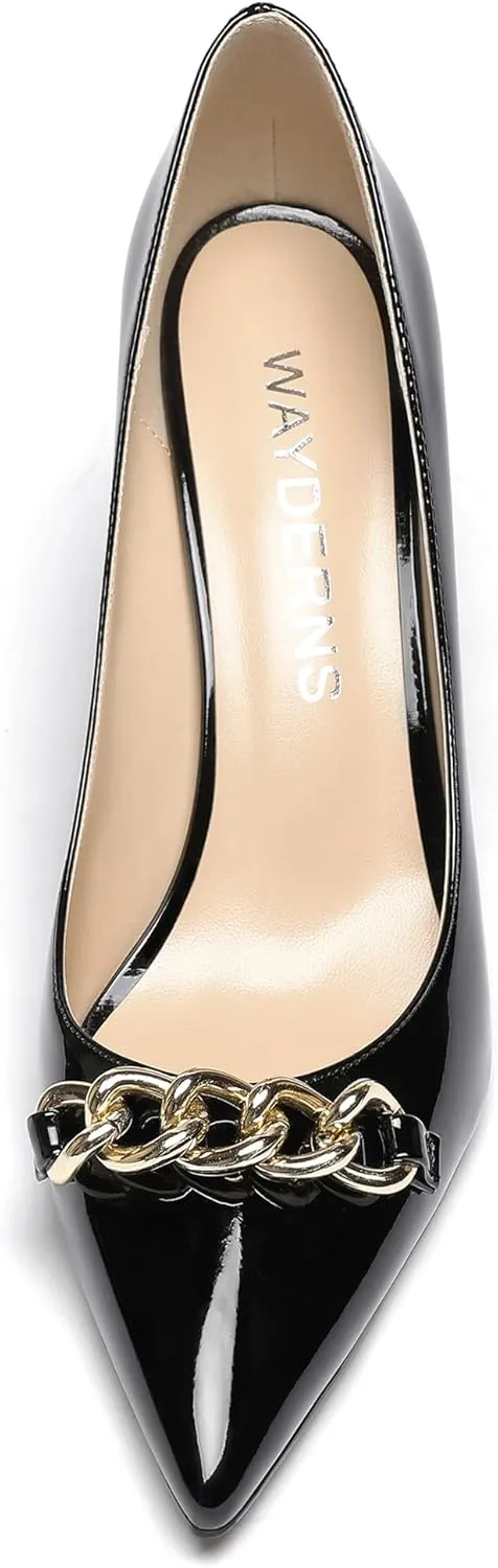 WAYDERNS Women's Gold Metal Chain Decoration Patent Pointed Toe Slip On Block High Heel Pumps Shoes 3.5 Inch