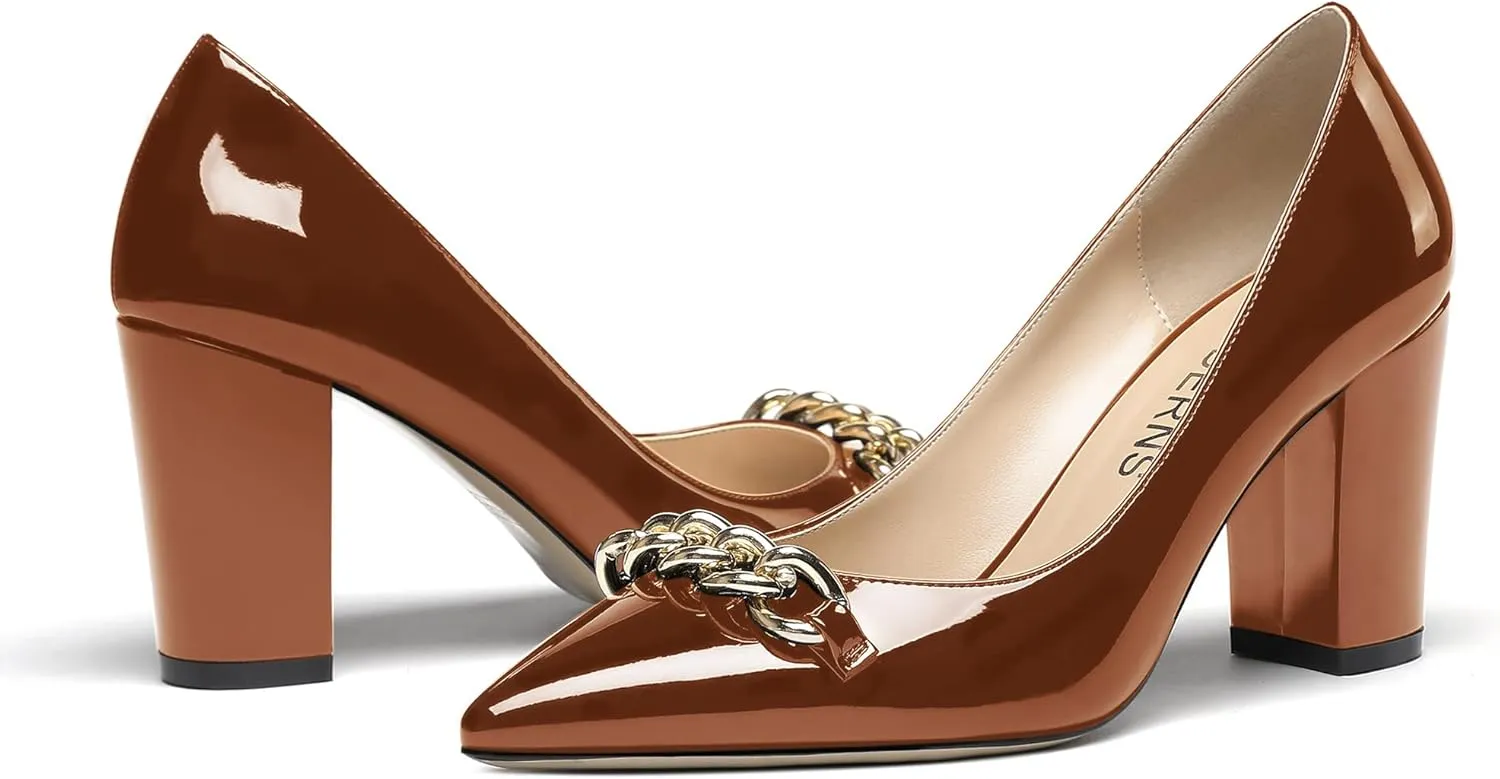 WAYDERNS Women's Gold Metal Chain Decoration Patent Pointed Toe Slip On Block High Heel Pumps Shoes 3.5 Inch