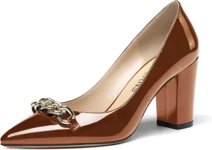 WAYDERNS Women's Gold Metal Chain Decoration Patent Pointed Toe Slip On Block High Heel Pumps Shoes 3.5 Inch