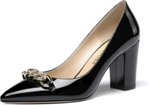 WAYDERNS Women's Gold Metal Chain Decoration Patent Pointed Toe Slip On Block High Heel Pumps Shoes 3.5 Inch