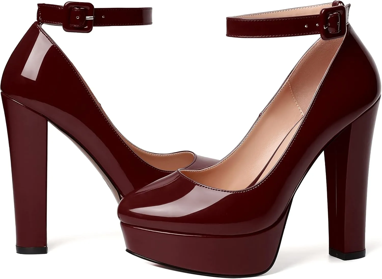 WAYDERNS Womens Platform Fashion Ankle Strap Patent Round Toe Buckle Party Block High Heel Pumps Shoes 5 Inch