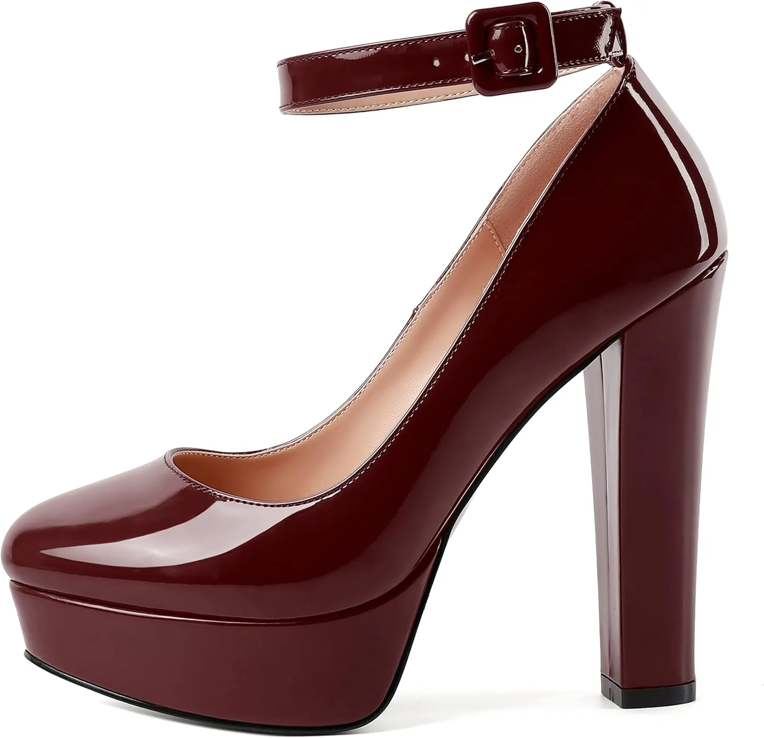 WAYDERNS Womens Platform Fashion Ankle Strap Patent Round Toe Buckle Party Block High Heel Pumps Shoes 5 Inch