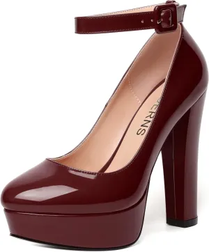 WAYDERNS Womens Platform Fashion Ankle Strap Patent Round Toe Buckle Party Block High Heel Pumps Shoes 5 Inch
