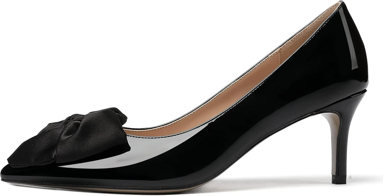 WAYDERNS Women's Satin Bow Decoration Pointed Toe Slip On Patent Stiletto Mid Heel Pumps Shoes 2.5 Inch