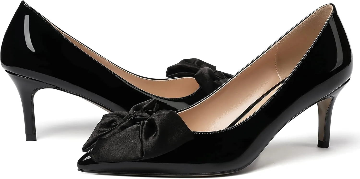 WAYDERNS Women's Satin Bow Decoration Pointed Toe Slip On Patent Stiletto Mid Heel Pumps Shoes 2.5 Inch